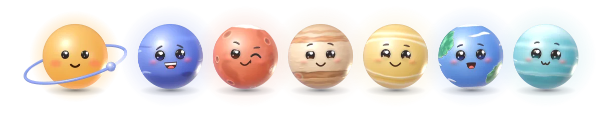 The Custom Agents crew lined up: the orange guide in the middle, three planets on each side.