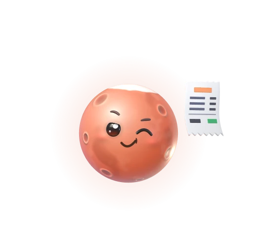 The Invoices agent, a cute red planet bot, holding a receipt.