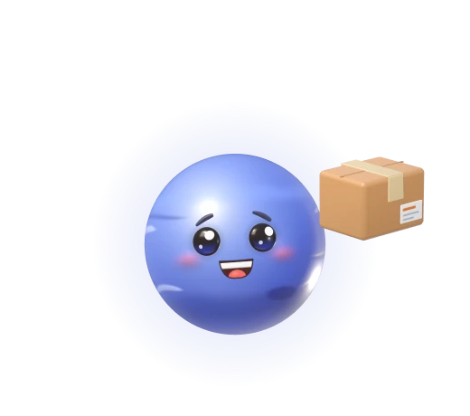 The Orders agent, a cute blue planet bot, holding a package.